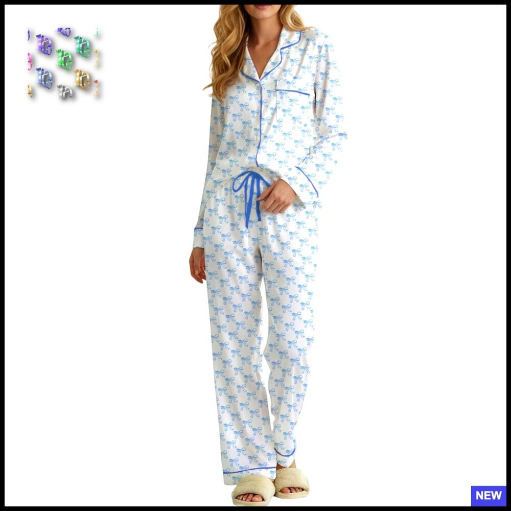 Long Sleeve Pajama Set Floral Bow Button Front Wide Leg Pants Pocket Loungewear
